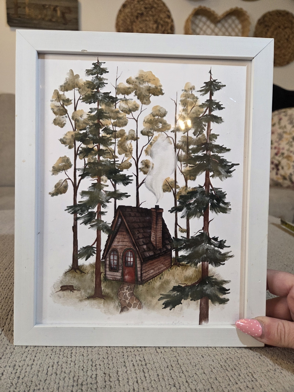 Framed Cozy Forest Cabin Watercolor Print – 8x10 Rustic Woods Wall Art
